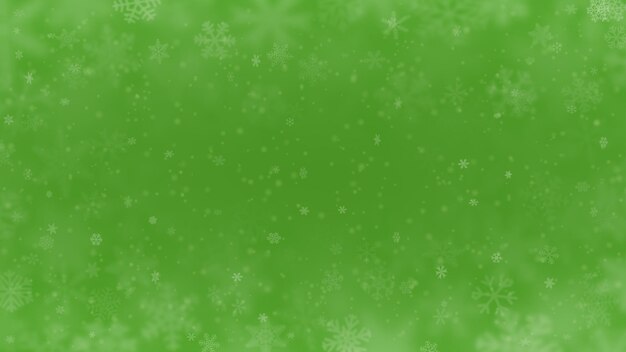 Vector fondo navideño de copos de nieve de diferentes formas, tamaños, desenfoque y transparencia en colores verdes