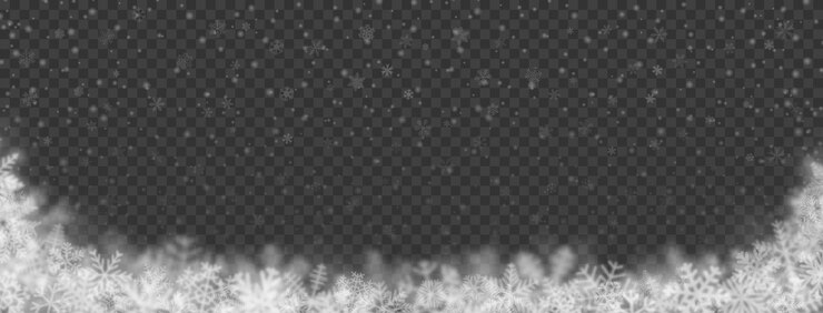 Vector fondo navideño de copos de nieve de diferentes formas, tamaños, desenfoque y transparencia sobre fondo transparente