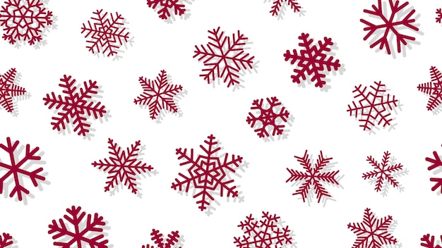 Fondo navideño de copos de nieve de diferentes formas y tamaños con sombras Rojo sobre blanco