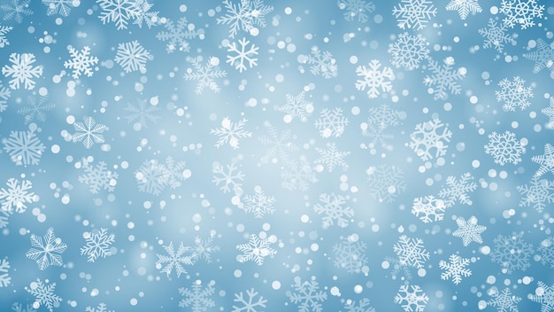 Fondo navideño de copos de nieve de diferentes formas, tamaños y transparencias en colores azul claro