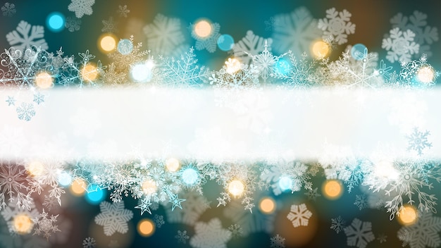 Fondo navideño de copos de nieve grandes y pequeños con una franja central horizontal blanca para inscripciones, en colores azul y dorado