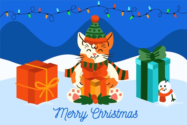 Vector fondo navideño dibujado a mano con gato y regalos