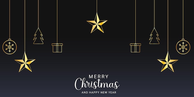 Fondo navideño con estrellas doradas y bolas con caja de regalos