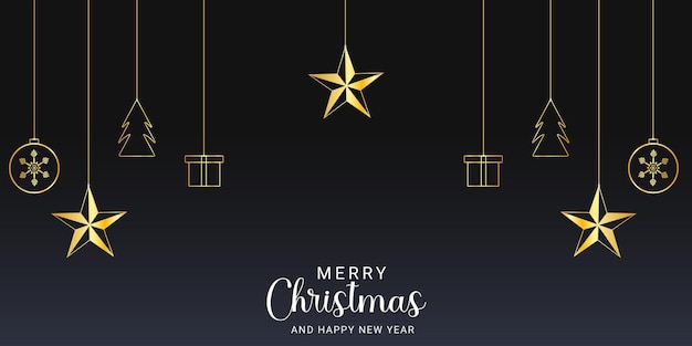 Vector fondo navideño con estrellas doradas y bolas con caja de regalos