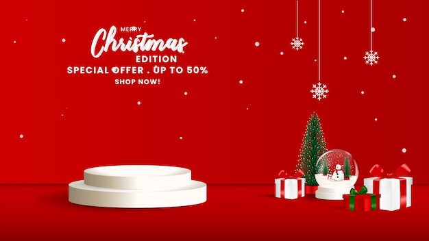 Fondo navideño con exhibición en el podio y decoraciones realistas para la promoción de negocios o productos