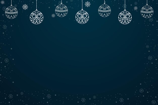 Un fondo navideño festivo con un cielo azul oscuro adornado con copos de nieve blancos Ornamentos navideños de diseño intrincado delicados cuelgan con gracia