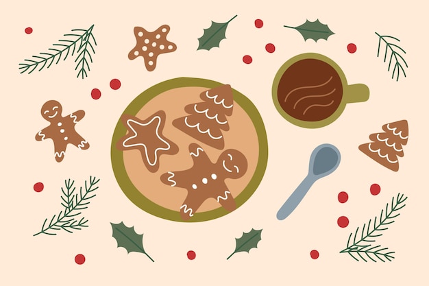 Fondo navideño Galletas navideñas Panes de jengibre Vista superior Estandarte navideño sostenible