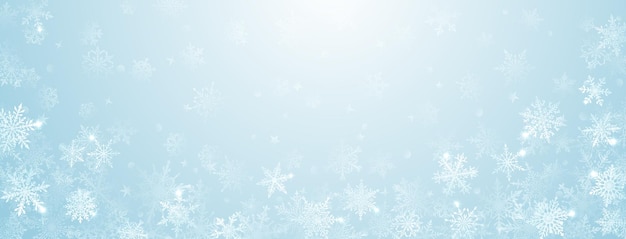 Fondo navideño de hermosos y complejos copos de nieve grandes y pequeños en colores azul claro Ilustración invernal con nieve que cae