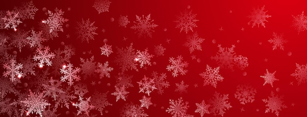 Fondo navideño de hermosos complejos copos de nieve grandes y pequeños en colores rojos Ilustración de invierno con nieve cayendo