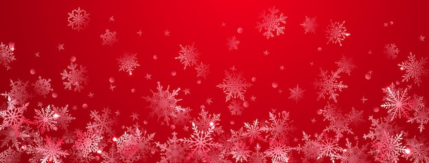 Fondo navideño de hermosos complejos copos de nieve grandes y pequeños en colores rojos Ilustración de invierno con nieve cayendo