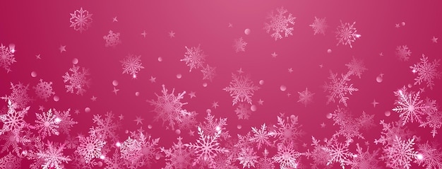 Fondo navideño de hermosos y complejos copos de nieve grandes y pequeños en colores rosados Ilustración invernal con nieve que cae