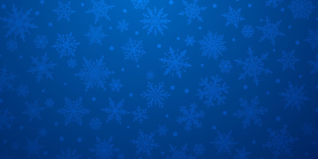 Fondo navideño de hermosos complejos copos de nieve grandes y pequeños en colores verdes Ilustración de invierno con nieve cayendo
