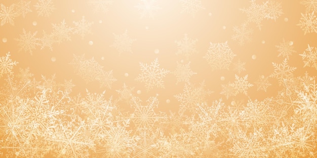 Fondo navideño de hermosos copos de nieve complejos en colores amarillos Ilustración de invierno con nieve que cae