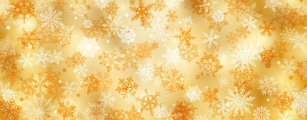 Fondo navideño de hermosos copos de nieve complejos en colores amarillos Ilustración de invierno con nieve que cae