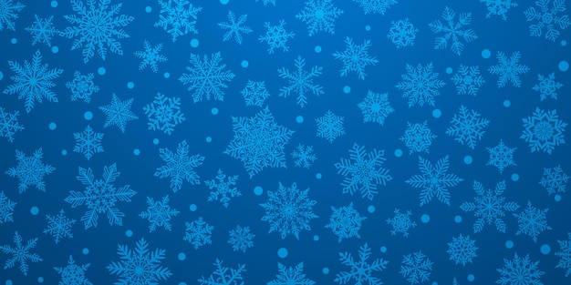 Fondo navideño de hermosos copos de nieve complejos en colores azules Ilustración de invierno con nieve que cae