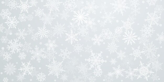 Fondo navideño de hermosos copos de nieve complejos en colores blancos Ilustración de invierno con nieve que cae