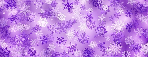 Fondo navideño de hermosos copos de nieve complejos en colores púrpuras Ilustración de invierno con nieve cayendo