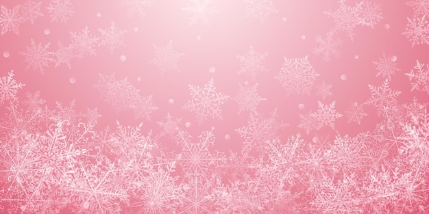 Fondo navideño de hermosos copos de nieve complejos en colores rosados Ilustración de invierno con nieve que cae