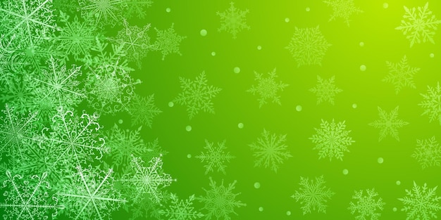 Fondo navideño de hermosos copos de nieve complejos en colores verdes Ilustración de invierno con nieve cayendo
