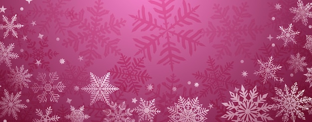 Fondo navideño de hermosos copos de nieve complejos ubicados debajo blanco en colores rosa oscuro Ilustración de invierno con nieve cayendo