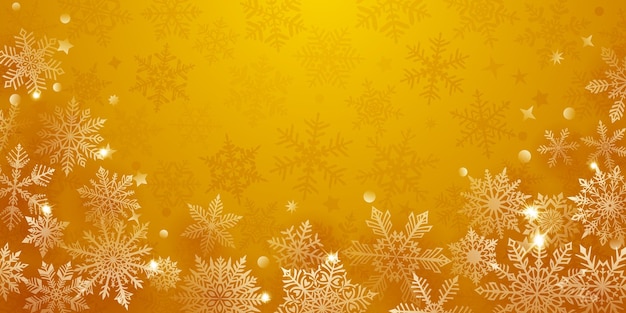 Fondo navideño de hermosos copos de nieve complejos ubicados debajo de colores blancos sobre amarillos Ilustración de invierno con nieve cayendo