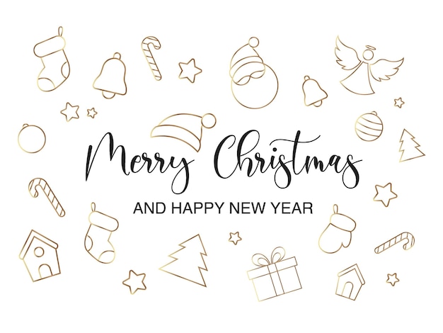 Fondo navideño con iconos navideños Feliz Navidad y Feliz Año Nuevo tarjeta en estilo dorado