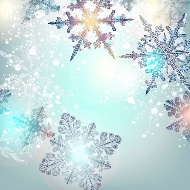 Fondo navideño con ilustraciones vectoriales brillantes y copos de nieve