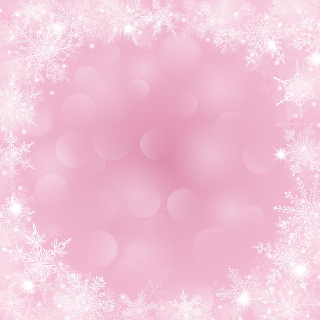 Fondo navideño con marco de copos de nieve en forma de círculo en colores rosa y con efecto bokeh