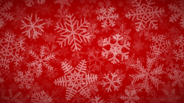 Fondo navideño de muchas capas de copos de nieve de diferentes formas, tamaños y transparencia Blanco sobre rojo