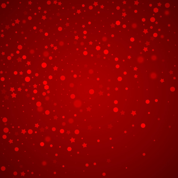 Fondo navideño nevado copos de nieve voladores sutiles y estrellas sobre fondo rojo navideño delicado
