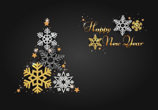 Fondo navideño con tarjetas de felicitación navideñas de copos de nieve brillantes y invitación de Feliz Año Nuevo