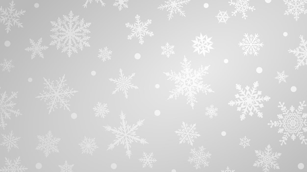 Fondo navideño con varios copos de nieve complejos, grandes y pequeños, en colores blancos