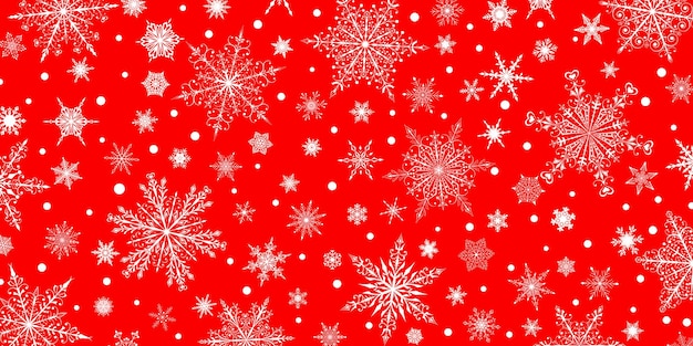 Fondo navideño de varios copos de nieve grandes y pequeños complejos blancos sobre rojo