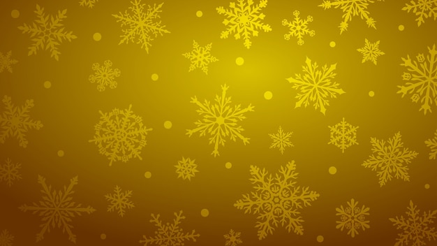 Fondo navideño con varios copos de nieve grandes y pequeños complejos en colores amarillos