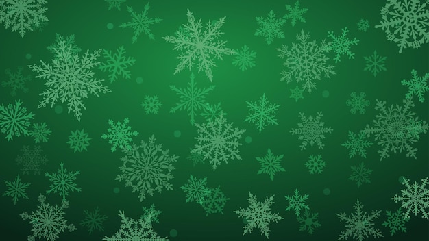 Fondo navideño con varios copos de nieve grandes y pequeños complejos en colores verdes