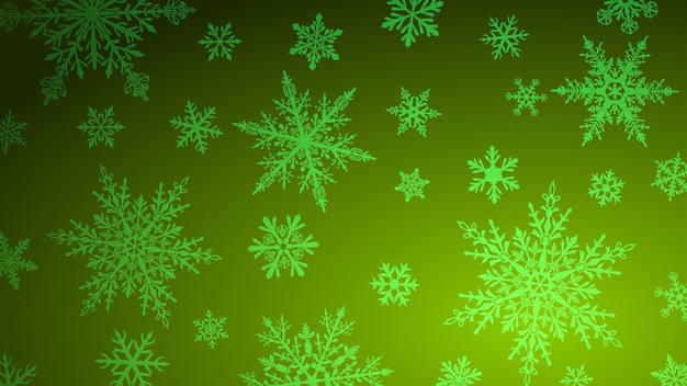 Fondo navideño con varios copos de nieve grandes y pequeños complejos en colores verdes