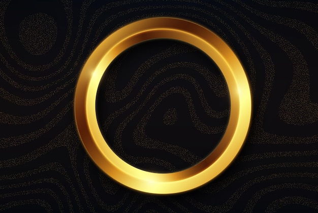 Fondo negro abstracto con una combinación de puntos dorados brillantes marco dorado circular brillos dorados