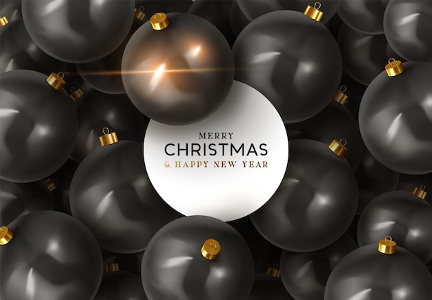 Fondo negro con bolas de Navidad. Adornos redondos decorativos de Navidad realistas. Tarjeta de felicitación, pancarta, afiche, volante, folleto elegante. Feliz navidad y próspero año nuevo. ilustración vectorial