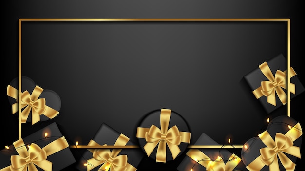 Fondo negro con cajas de regalo decoradas con cinta dorada y luz brillante con marco dorado rectangular