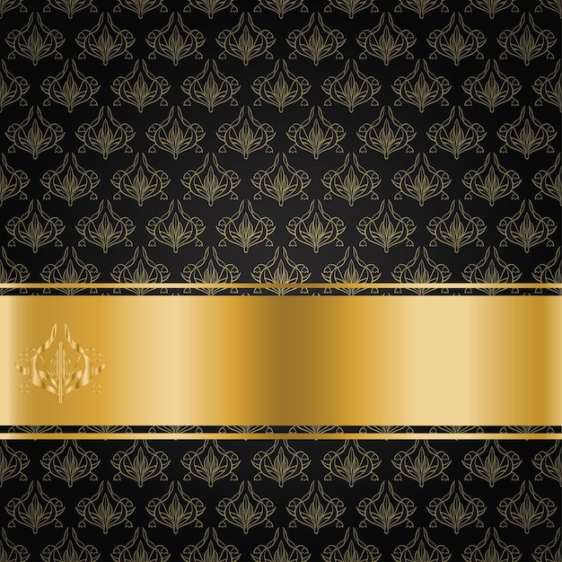 Fondo negro con cinta dorada y símbolos florales dorados Ilustración vectorial.
