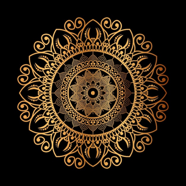 Un fondo negro con un diseño de mandala dorado.