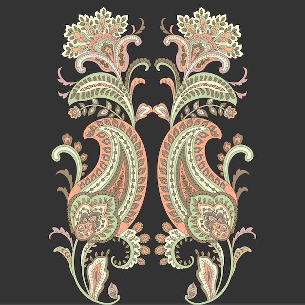 Un fondo negro con un diseño paisley floral muy detallado.