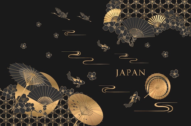 Un fondo negro y dorado con un abanico japonés y la palabra Japón.