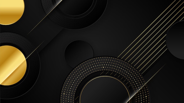 Fondo negro y dorado de lujo abstracto con círculos y ondas