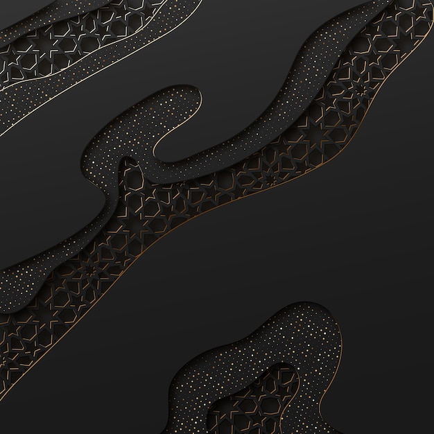 Fondo negro y dorado con patrón de relieve de papel recortado estilo túnel de textura geométrica. ilustración vectorial