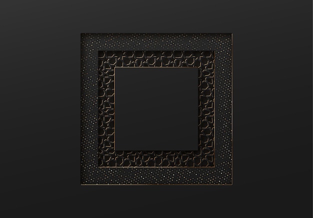 Fondo negro y dorado con patrón de relieve de papel recortado estilo túnel de textura geométrica.