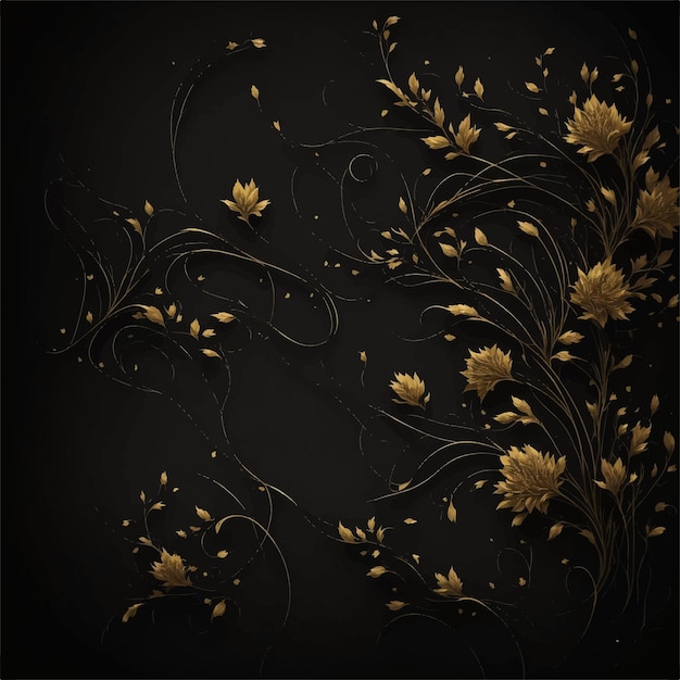 Un fondo negro con flores y hojas doradas.