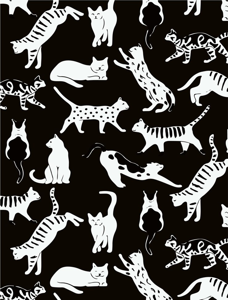un fondo negro con un gato blanco y negro y otros animales