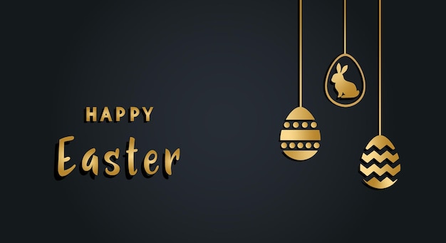 Un fondo negro con un huevo de Pascua dorado y un conejito en él Plantilla de Feliz Día de Pascua