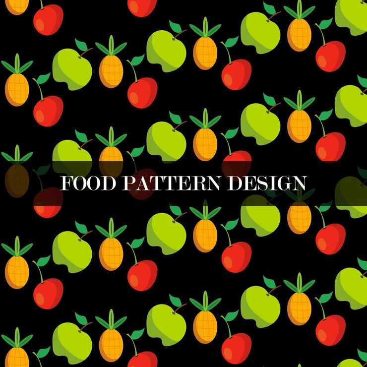 Un fondo negro con una imagen de manzanas y las palabras diseño de patrones de alimentos.